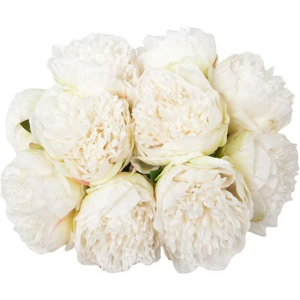 2-Bouquet 10-Heads White Artificial Peony Silk Flower and Leaf Home Office with
