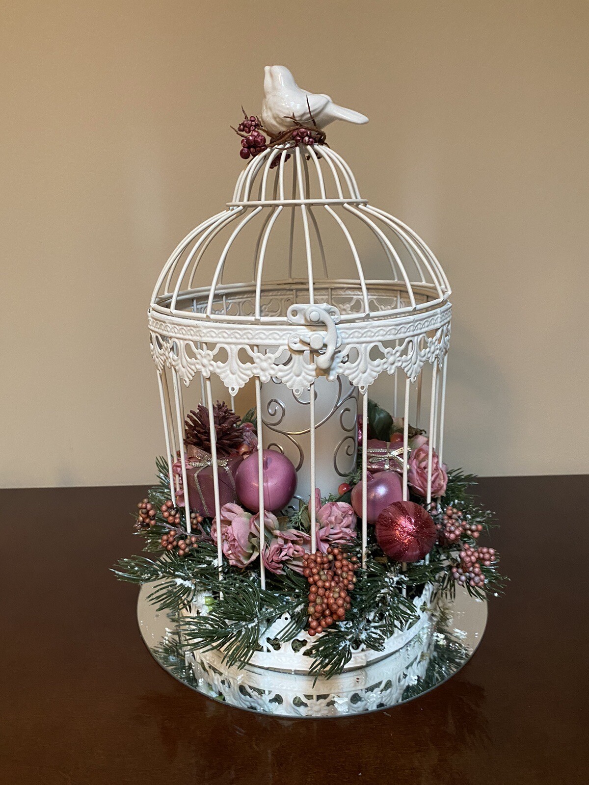Vintage Christmas Birdcage with Pink Highlights & Pillar Candle