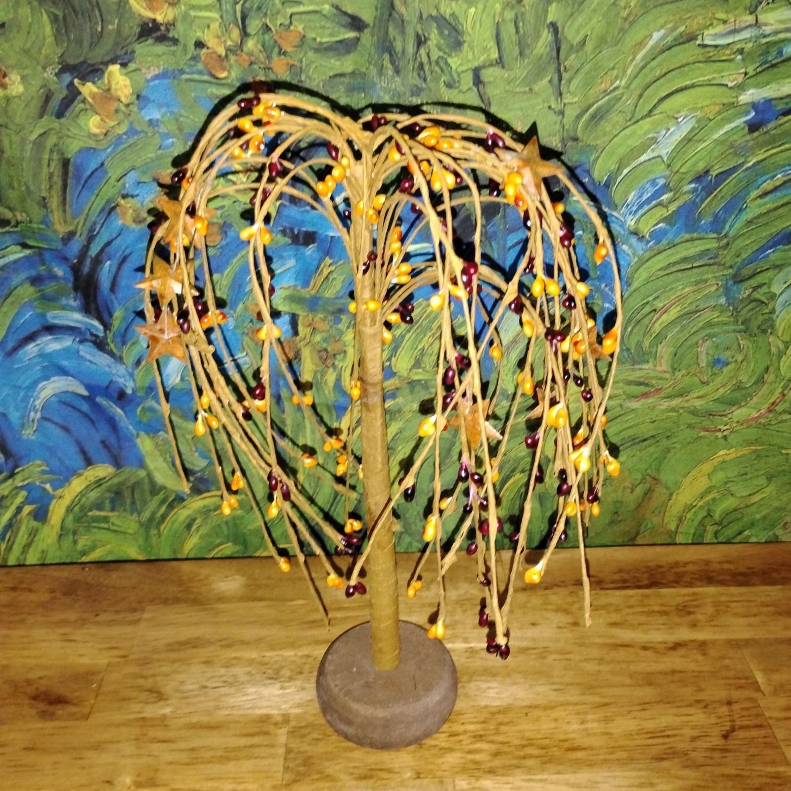Weeping Willow Tree Primitive Orange & Red Berries with Stars-Rustic Country