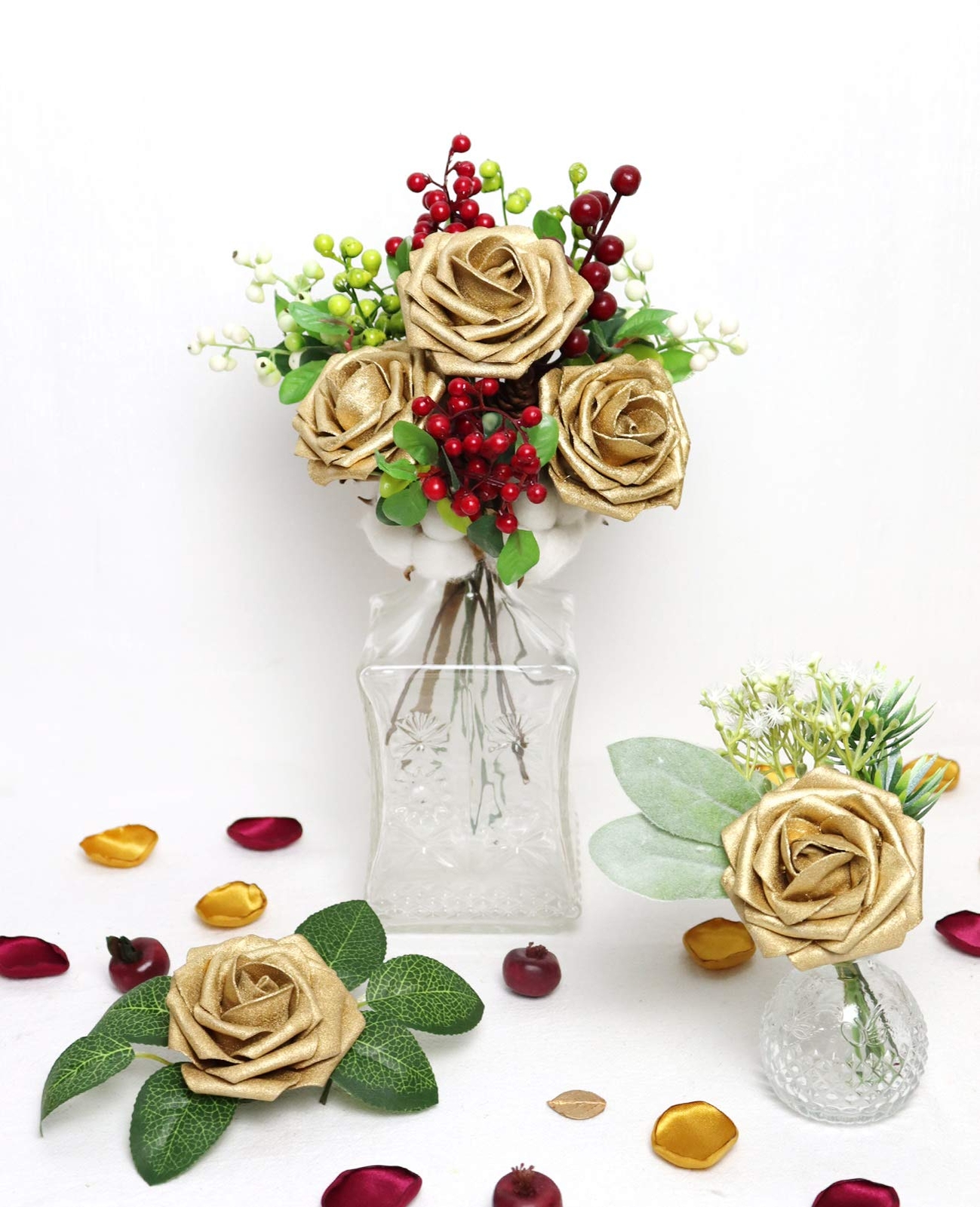 Artificial Flowers 30pcs Gold Rose Real Looking Fake Roses With Stem For Diy Wed