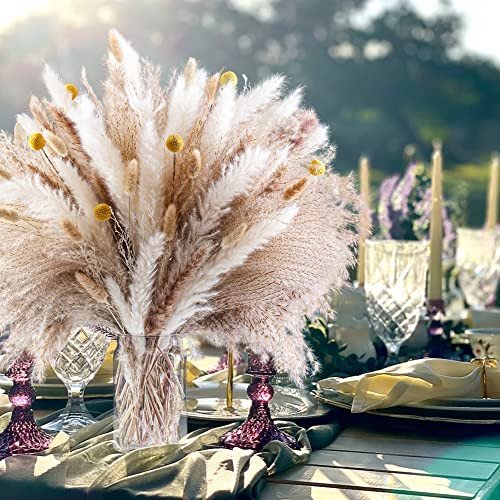 100PCS Natural Dried Pampas Grass Decor – 17.5″ Fluffy Pampas Grass Bouquet –