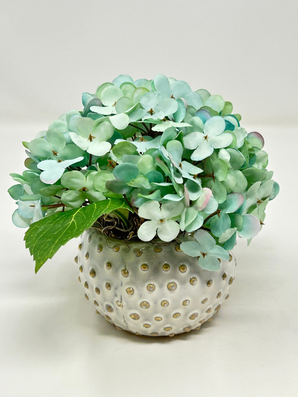 Mini 5.5″ Artificial BLUE-GREEN HYDRANGEA faux Silk flower potted in Cream Dot C