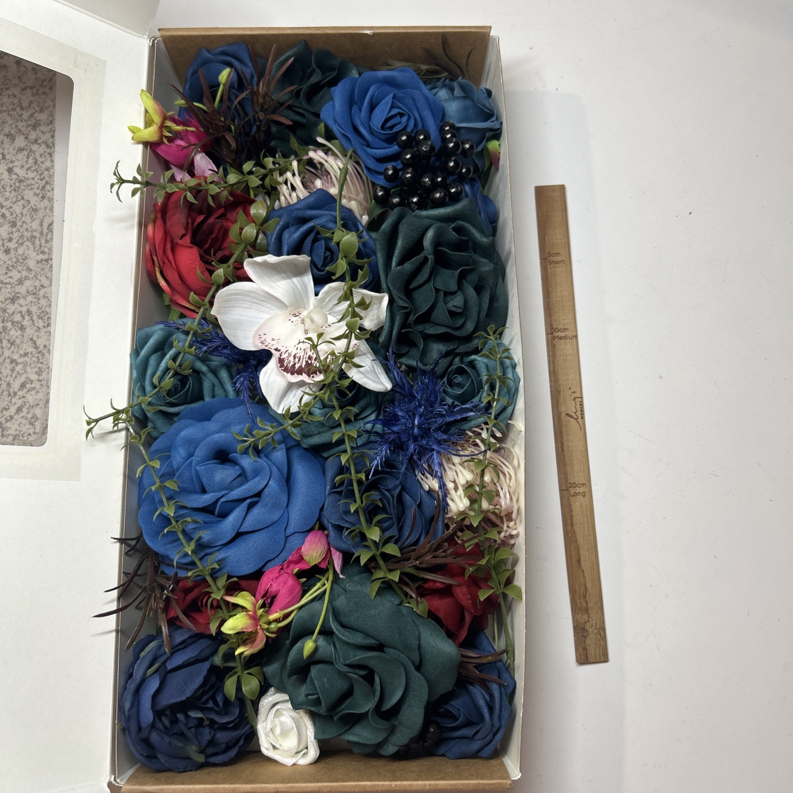 Ling’s Moment Fake Flowers Box, Foam Roses Artificial Fern Berry Faux Blue Navy