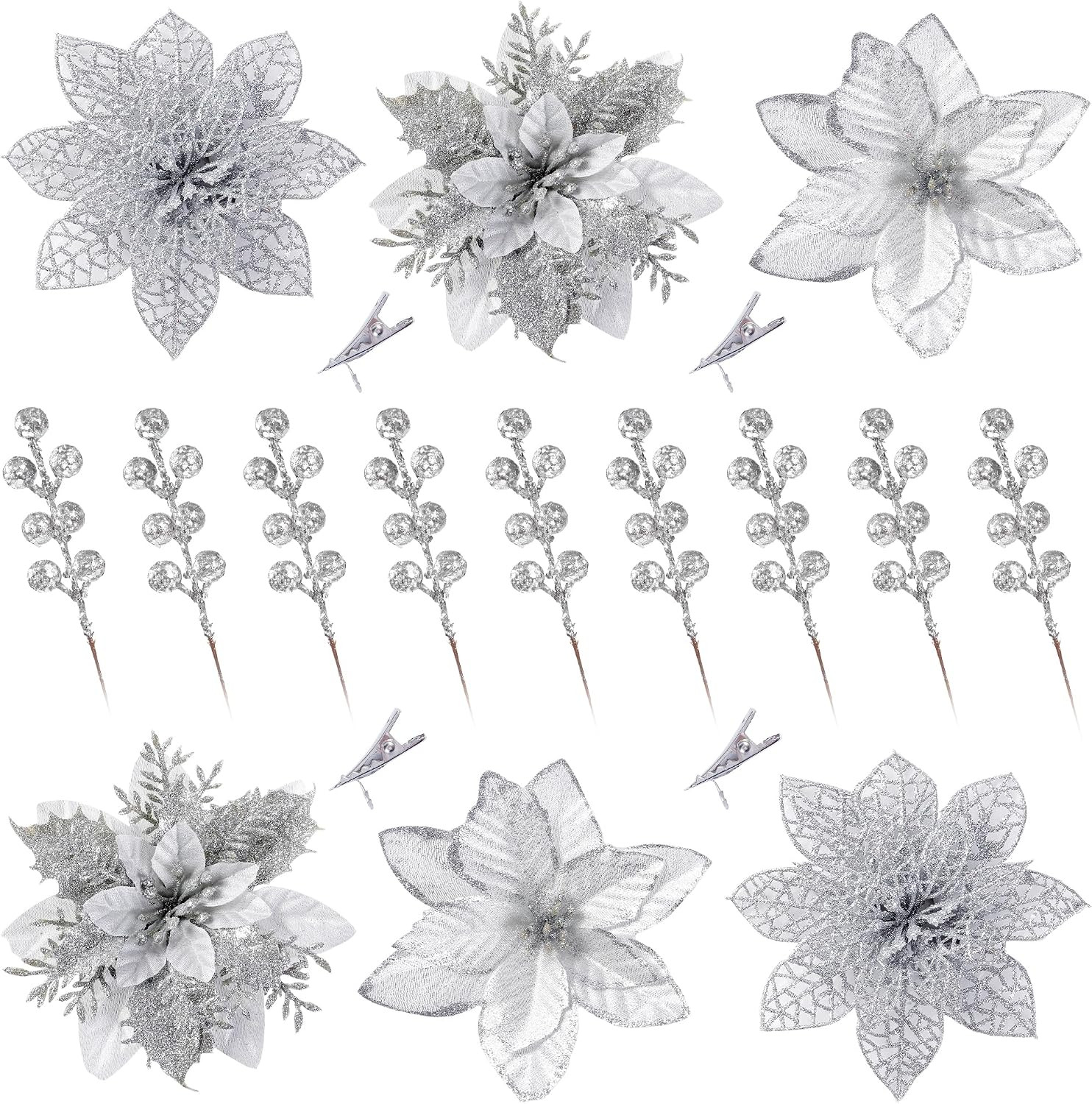 30 Pcs 3 Styles Christmas Glitter Poinsettia Flowers Artificial Berry Picks Chri