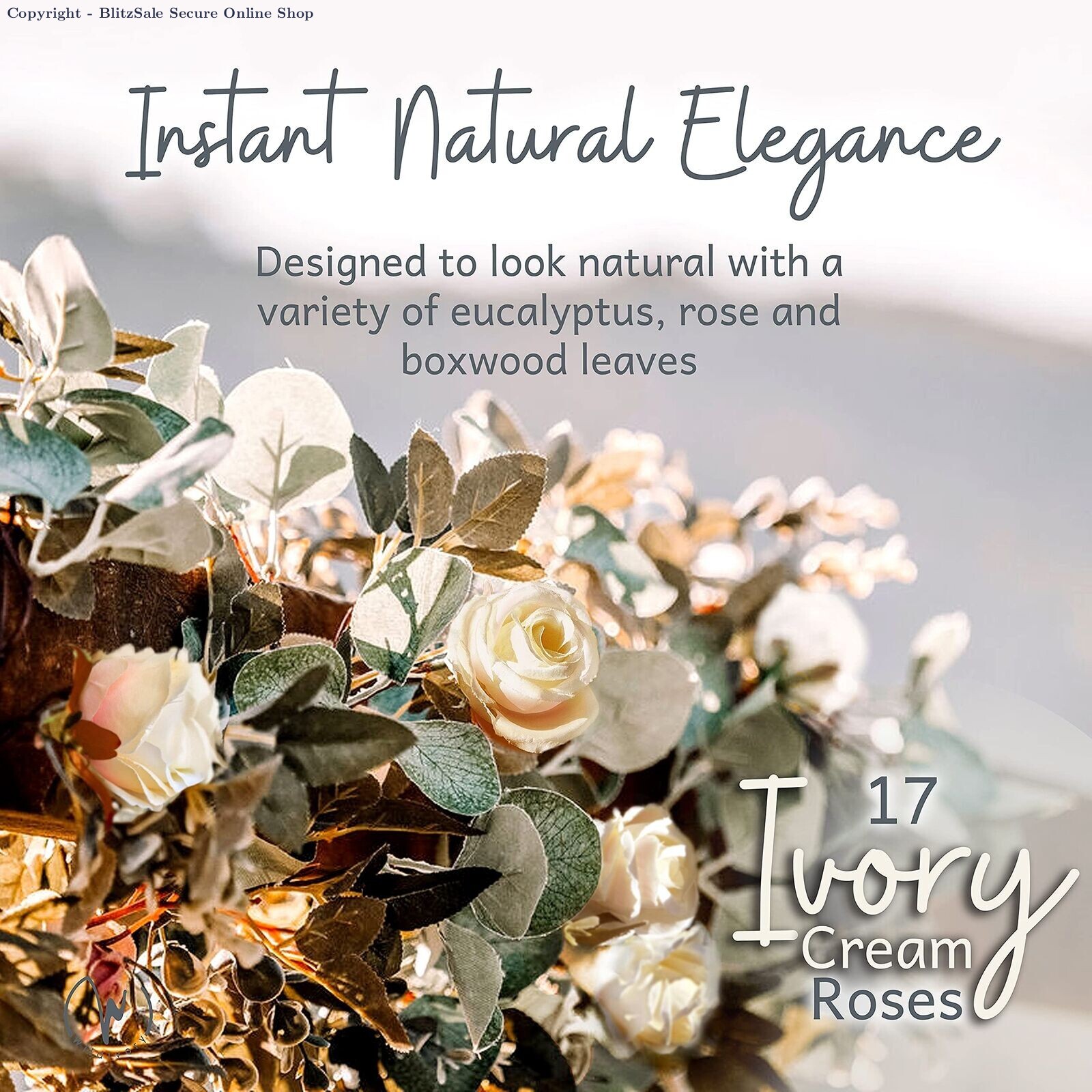 6 Pack Artificial Eucalyptus Garland with 17 Ivory Cream Roses – Wedding Floral
