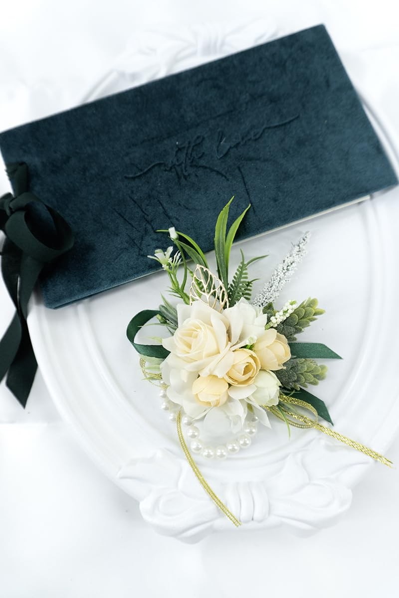 2 Pcs Wrist Corsage and Boutonniere Set, Champagne Corsage for Wedding, Bouto…