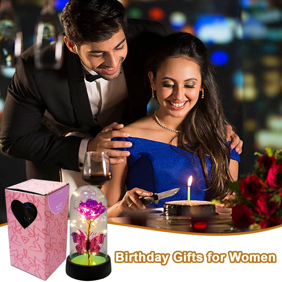 Rose in Glass Dome Light Up Forever Galaxy Rose for Women Valentine’s Day Gift