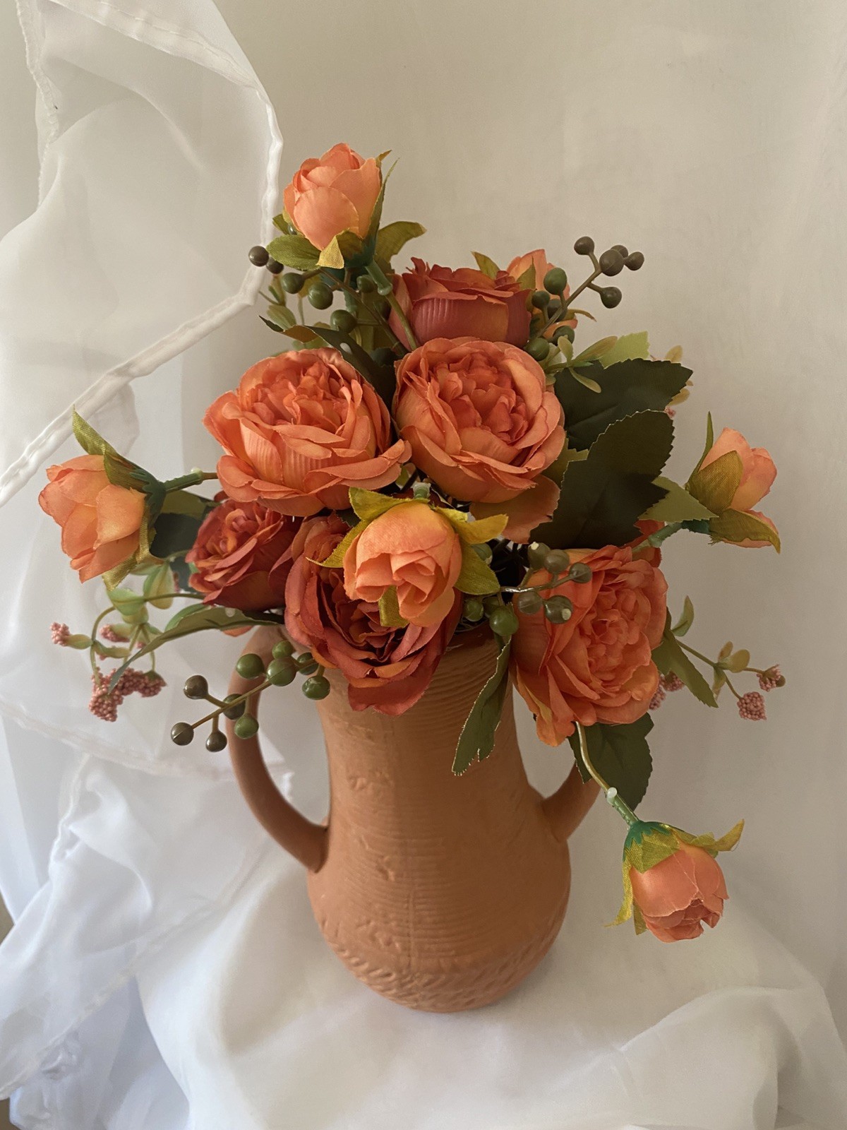 Terracotta Vase Summer Orange Peonies Table / Shelf Centerpiece Flower Floral
