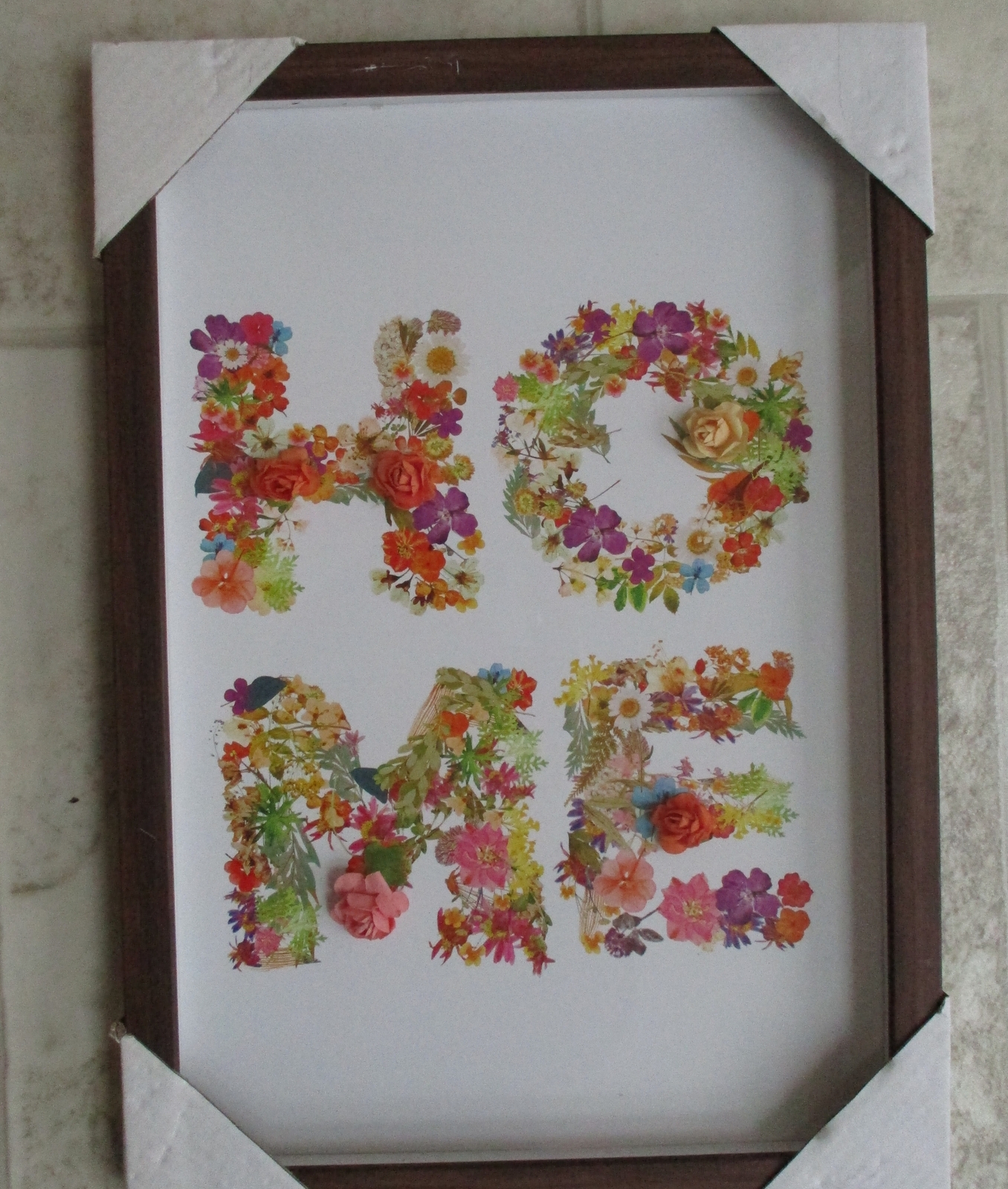 Floral HOME wall decor sign 9.5″ x 13″ Brown Frame Glass front White background