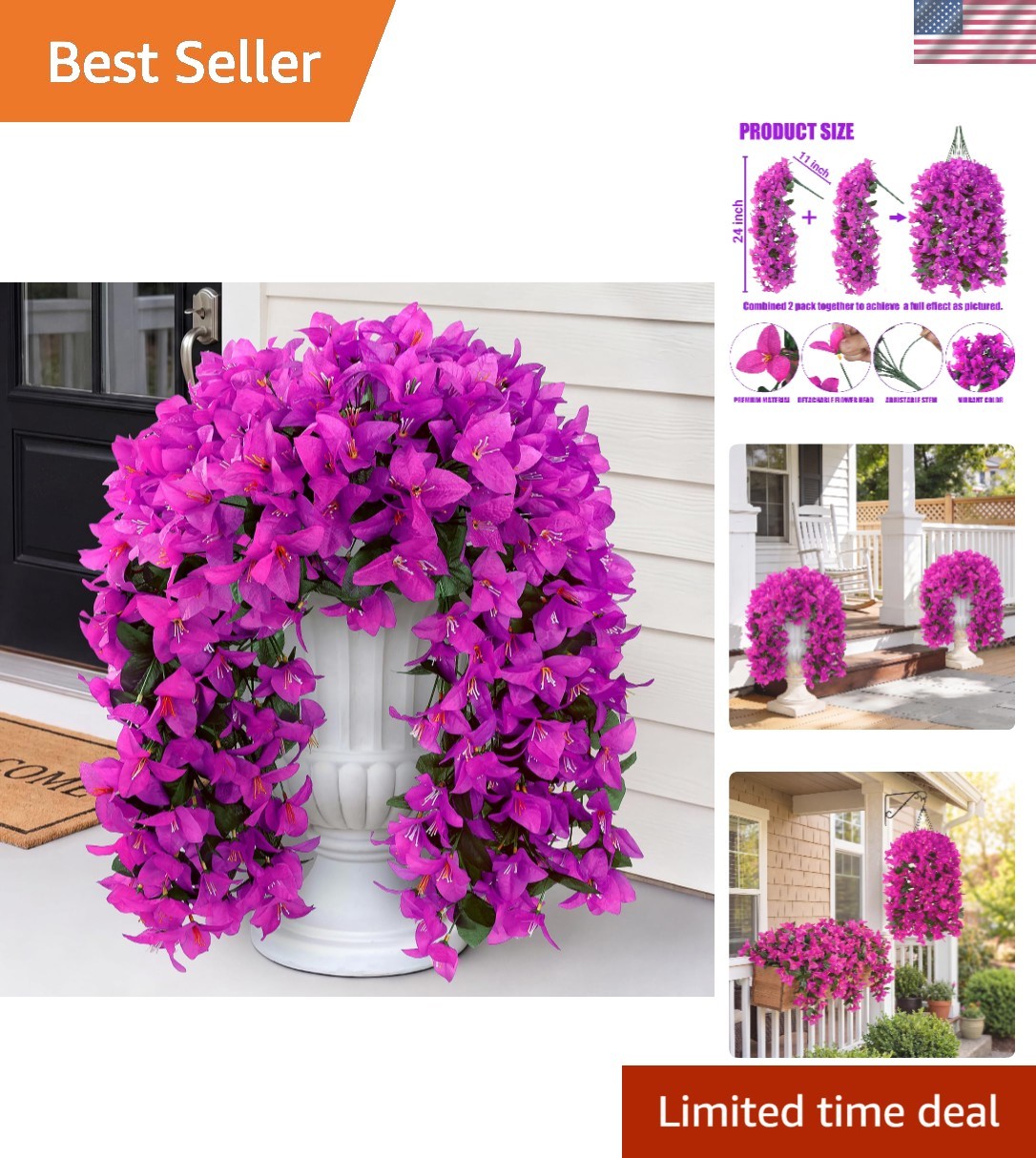 Fuchsia Faux Bougainvillea Hanging Plants – Durable Silk Decor for Outdoors