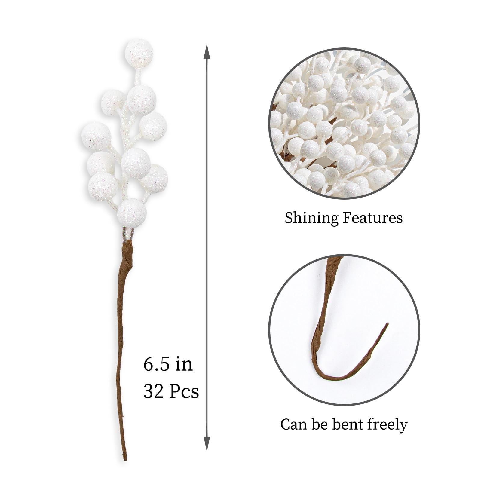 32 Pack Glitter Christmas Picks 6.5 Inch Christmas Berry Stems White Artifici…