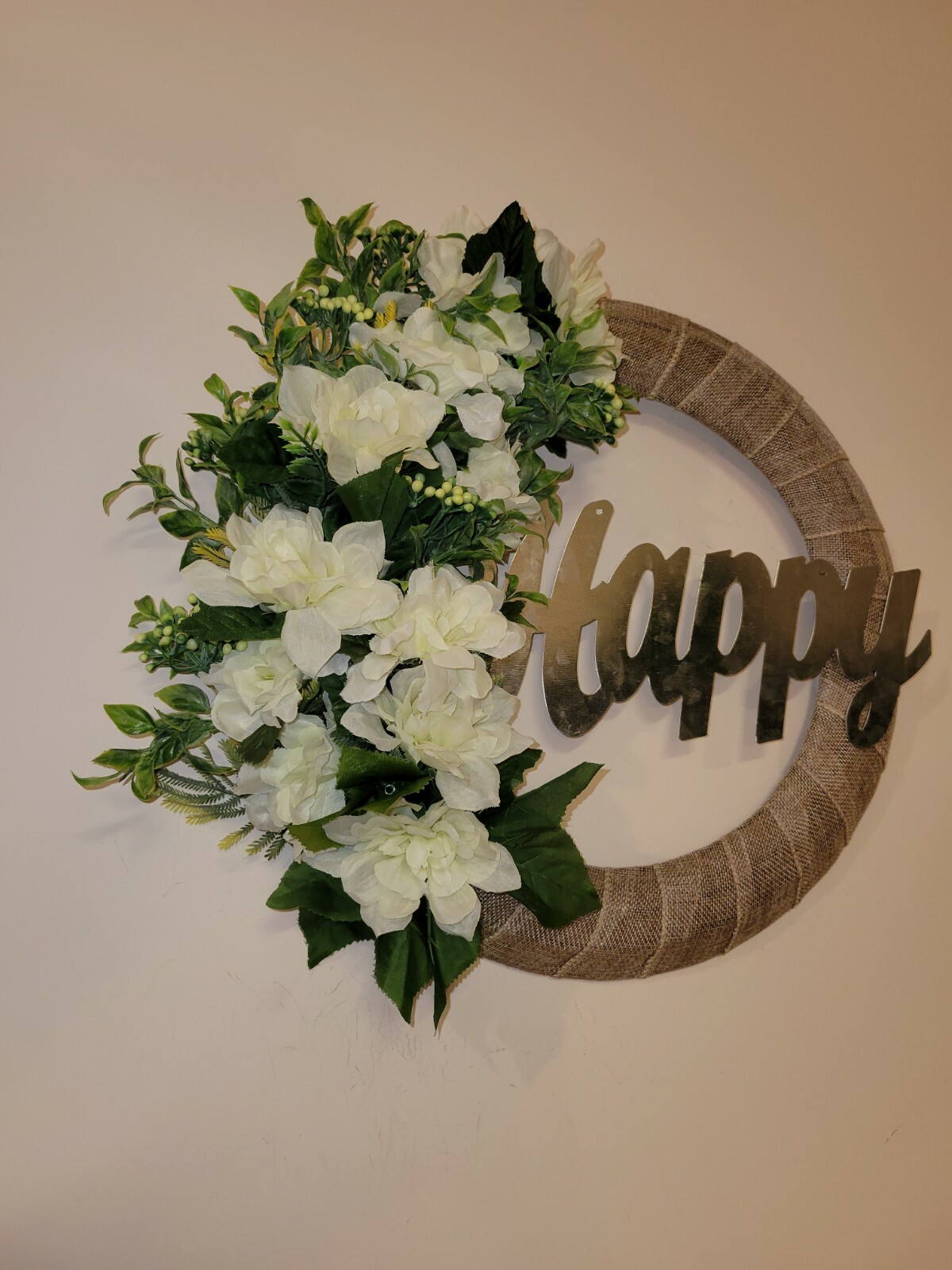 HAPPY white green Dahlias Zinnias burlap WREATH flowers Decor Front Door 16″ new