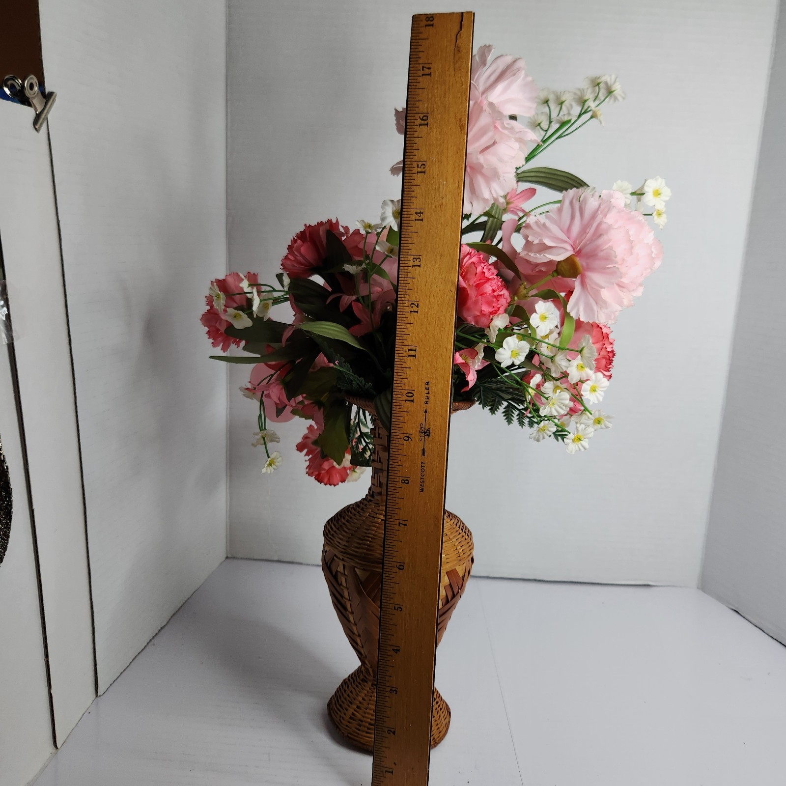 Vintage Woven Rattan Bamboo Vase w Faux Floral Arrangement Boho Cottage Decor