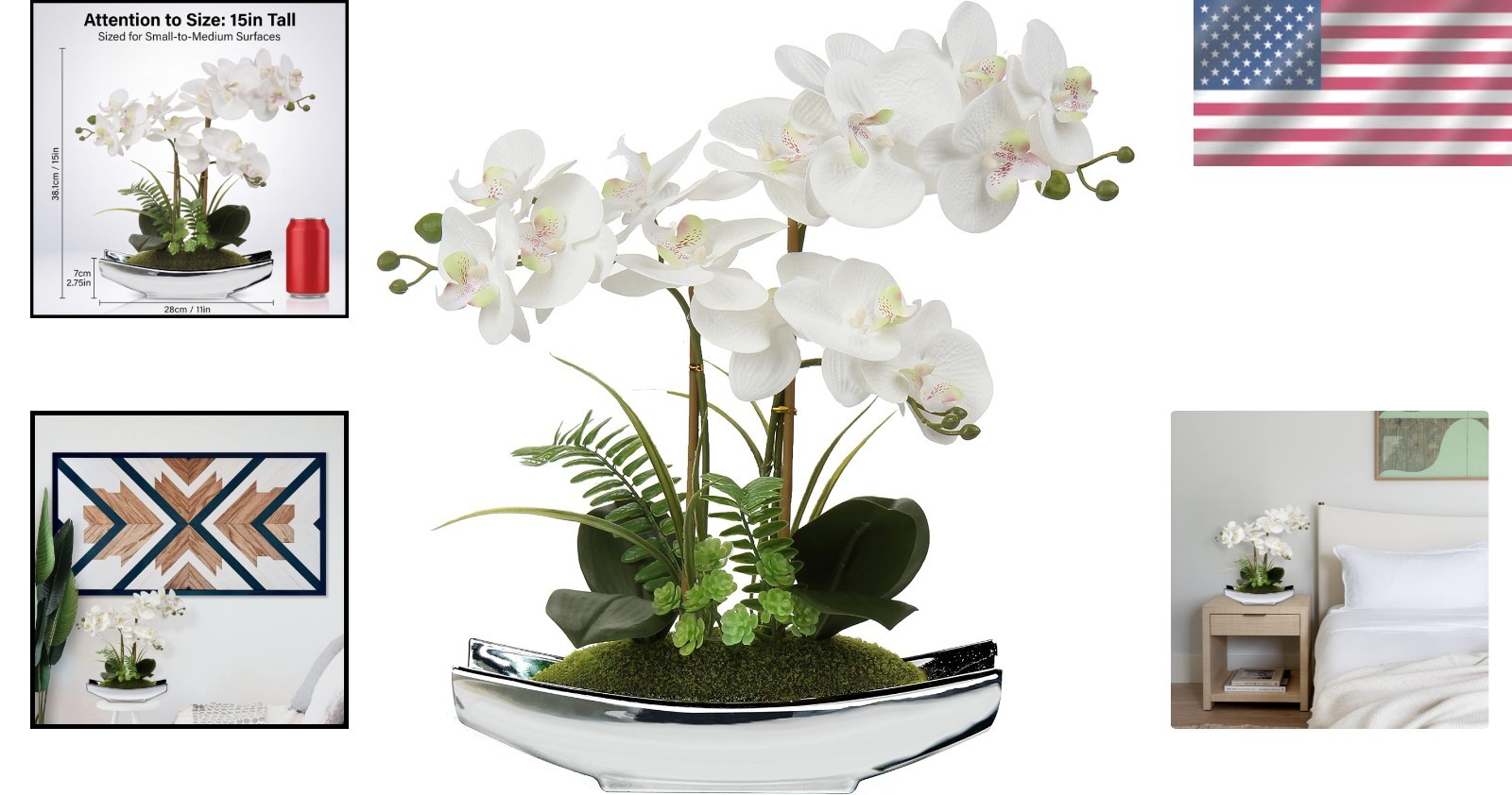 Elegant 15″ White Faux Orchid Arrangement in Silver Boat Pot | Centerpiece