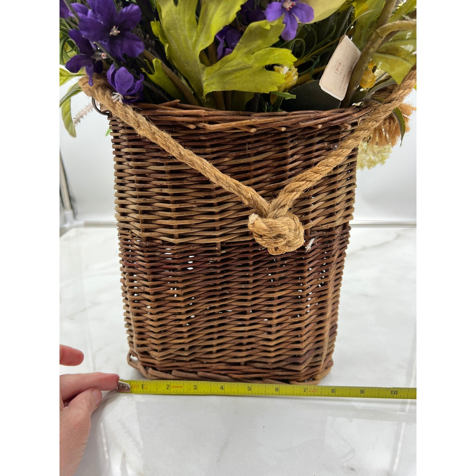Artificial Lime Green Ranunculus & Purple Floral Arrangement in Wicker Basket