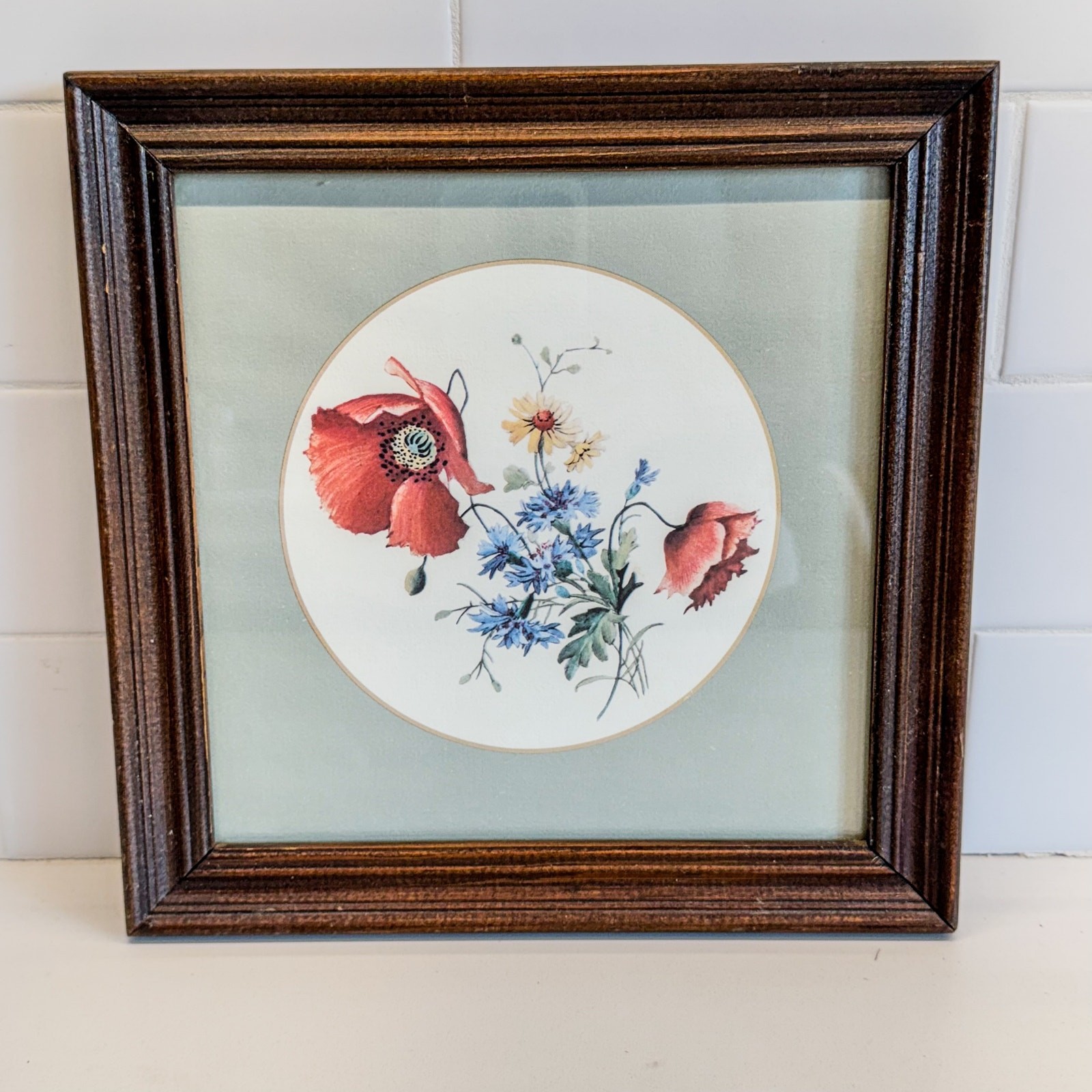 Vintage Wooden Framed Botanical Red Poppy & Wildflower Print w/ Matte, 9.5″