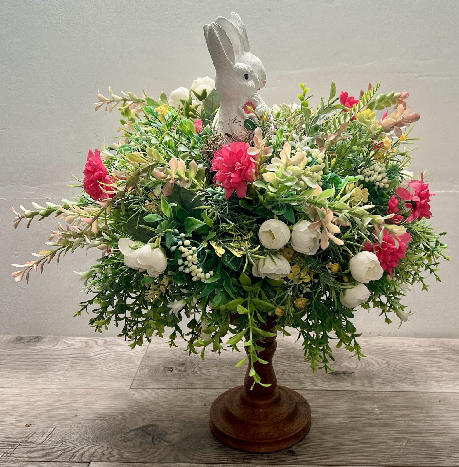 Spring Easter Candle Stick Floral Arrangement Greenery Flowers Rabbit