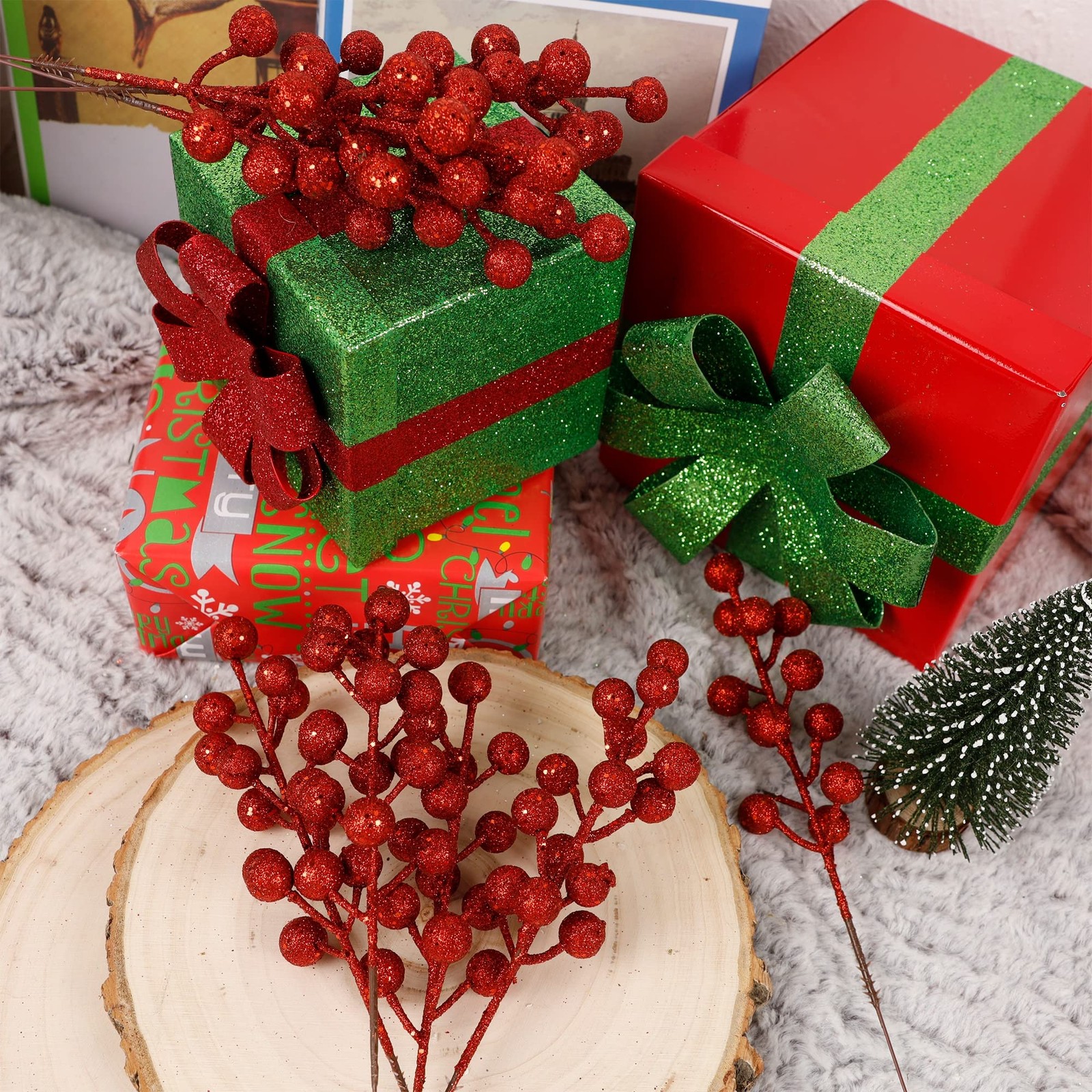 24 Pack 8 Inch Christmas Glitter Faux Winter Berry Sprigs, Artificial Sparkin…