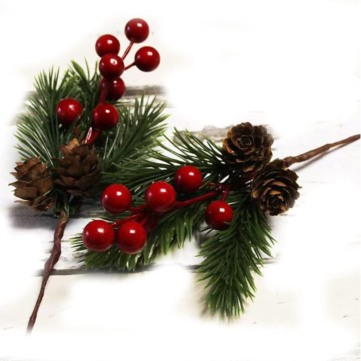 Pine Cone Red Berry Picks Stems Crafts Branch Christmas Wreath – 10Packs, Holly