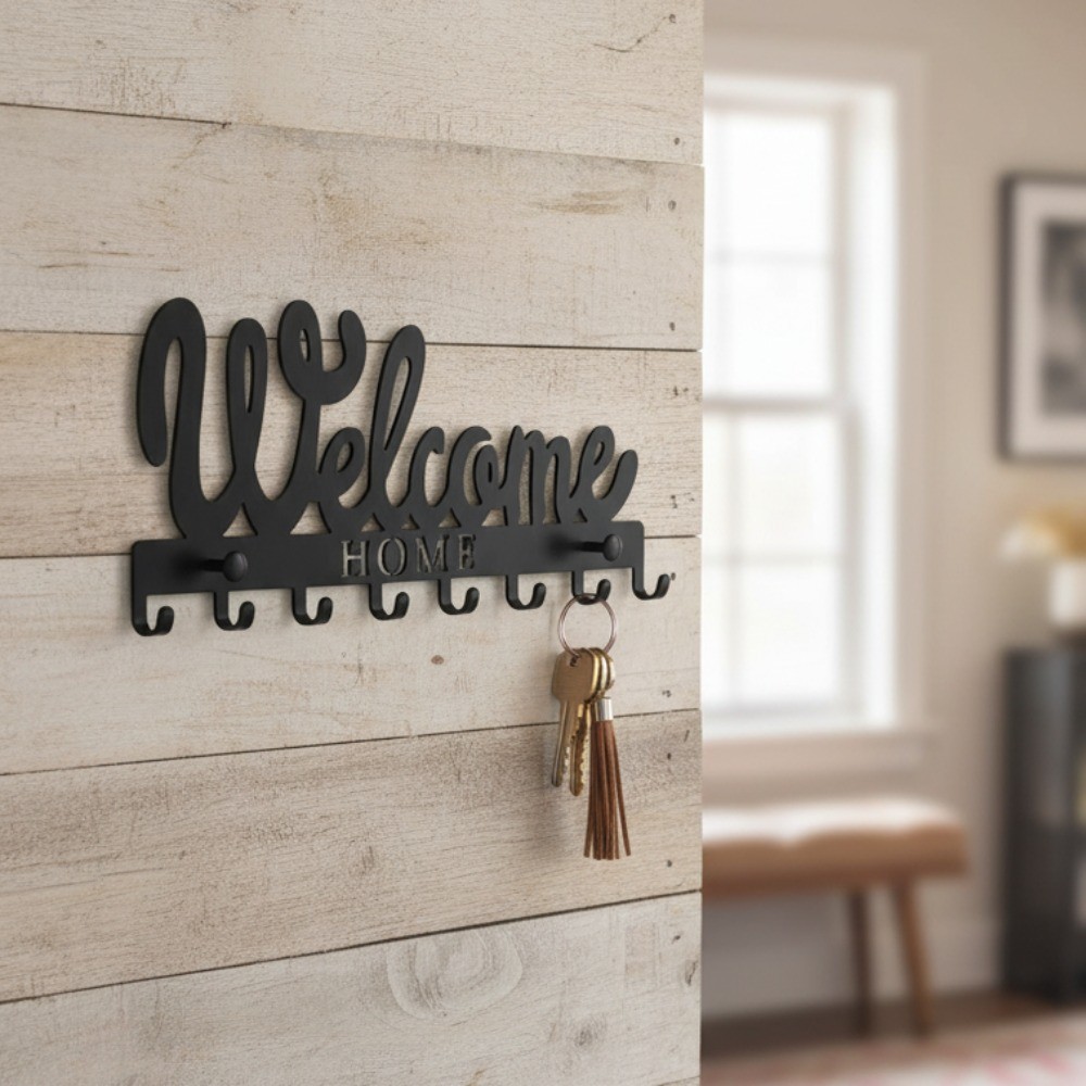 Black Metal Welcome Key Holder Wall Mounted Entryway Organizer Decor Gift
