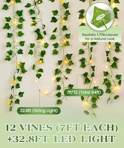 84Ft Artificial Ivy Garland 12-Pack with 80 LED String Lights Remote Control Dec