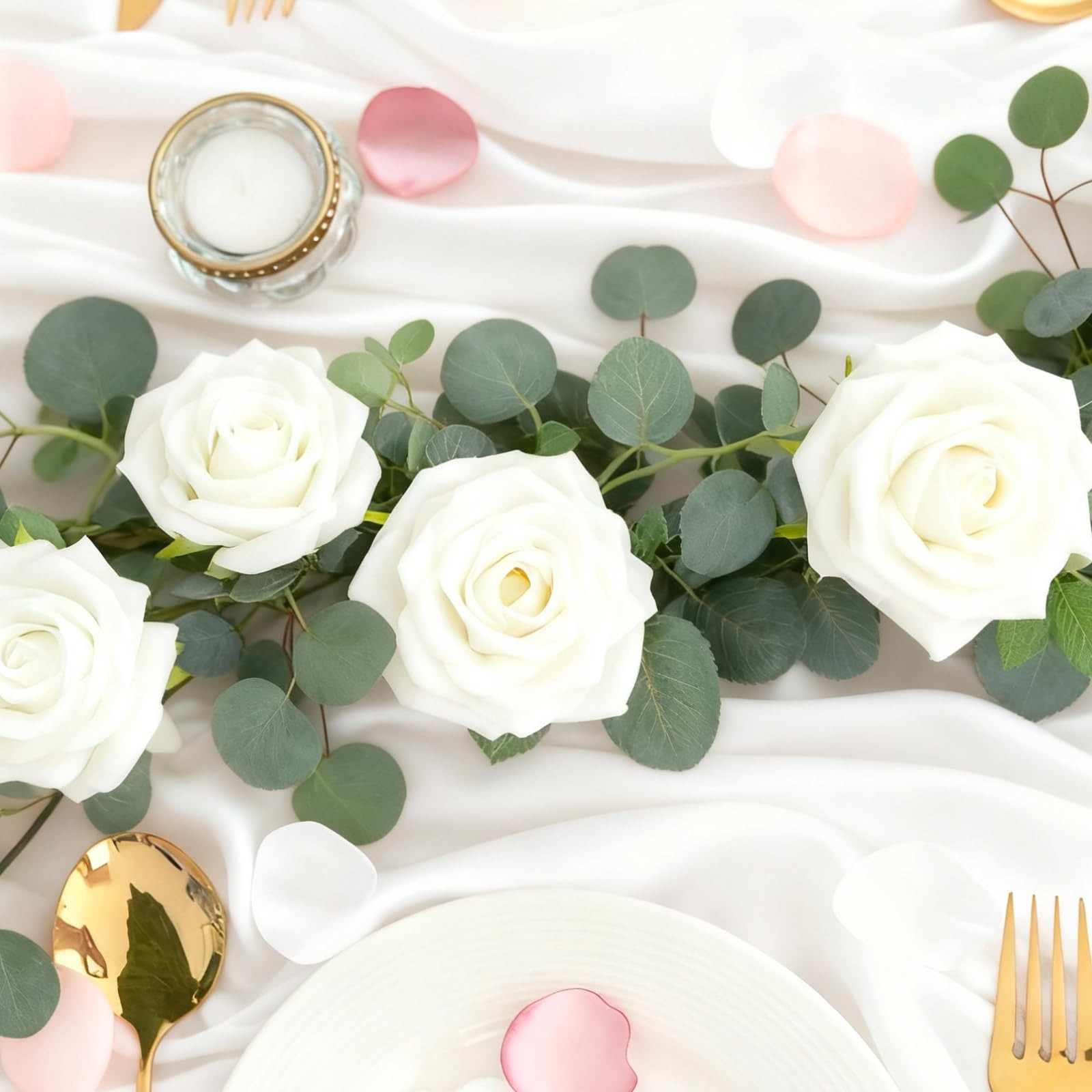 6FT Artificial Eucalyptus Garland with 14 Fake White Rose Flowers – Floral Gr…