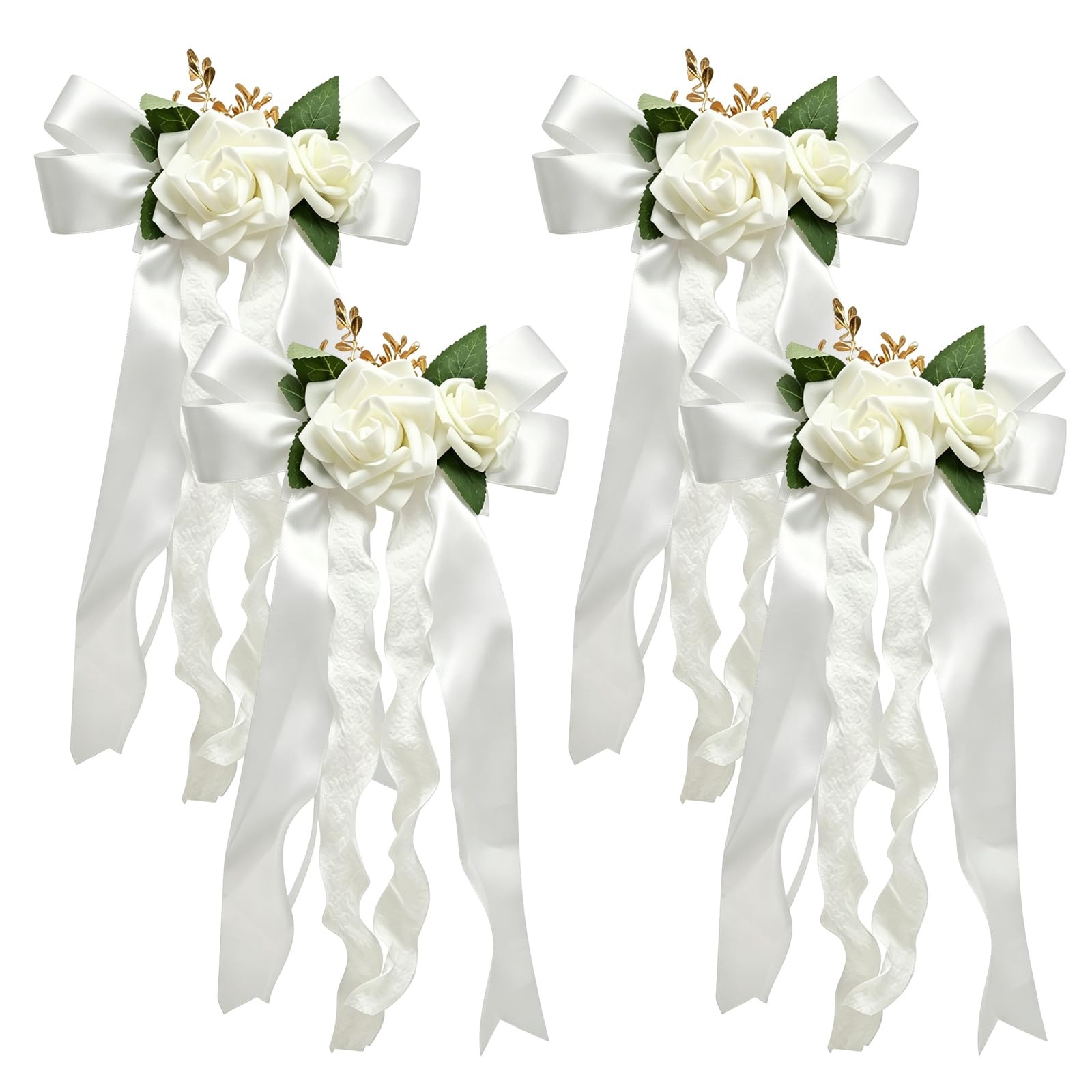 4 PCS Elegant White Artificial Flower Bow Set, Car Decoration for Wedding Doo…