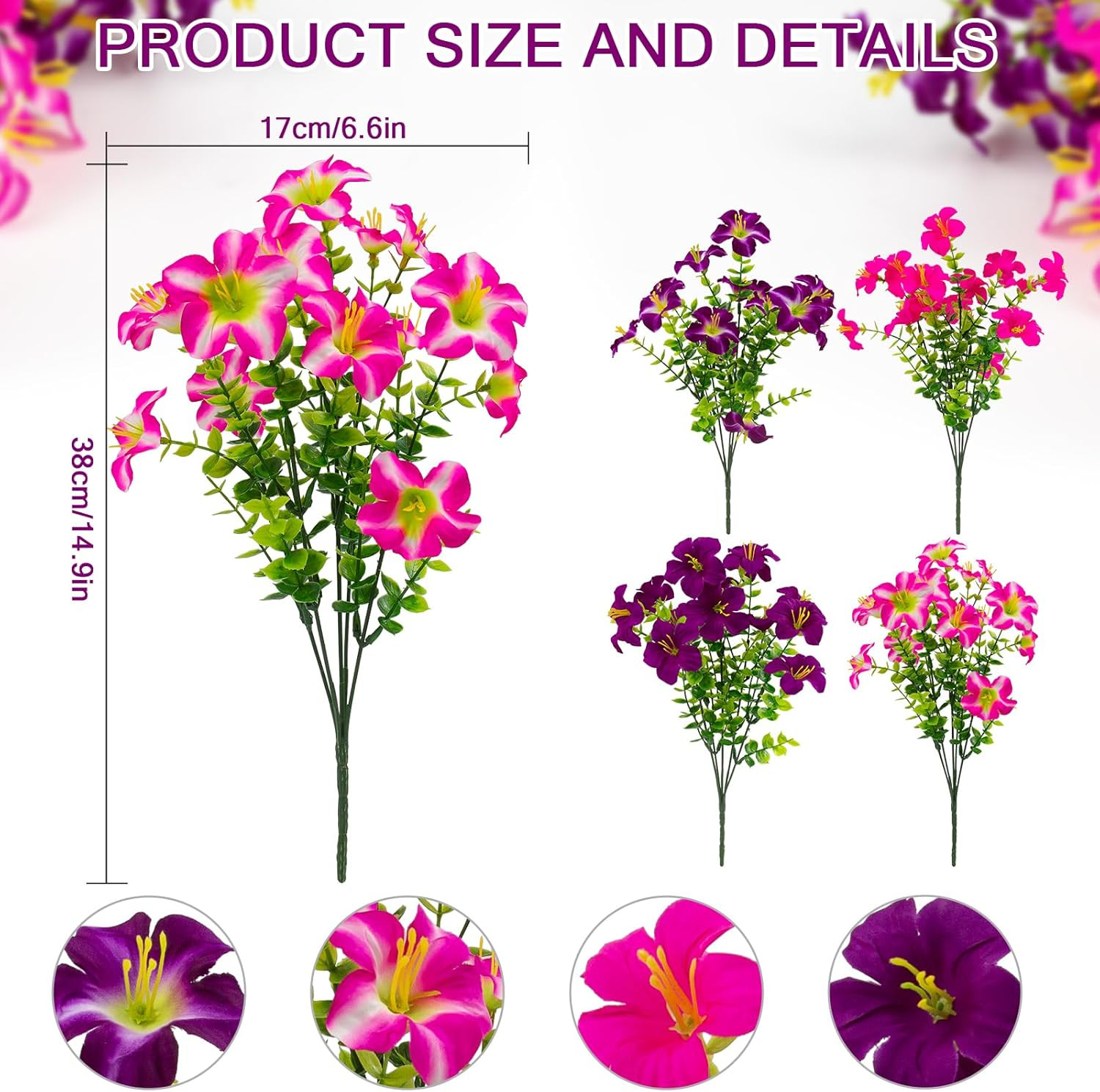 2 Set Artificial Outdoor Petunias Flowers with Hanging Baskets, 24 Pcs UV Resist