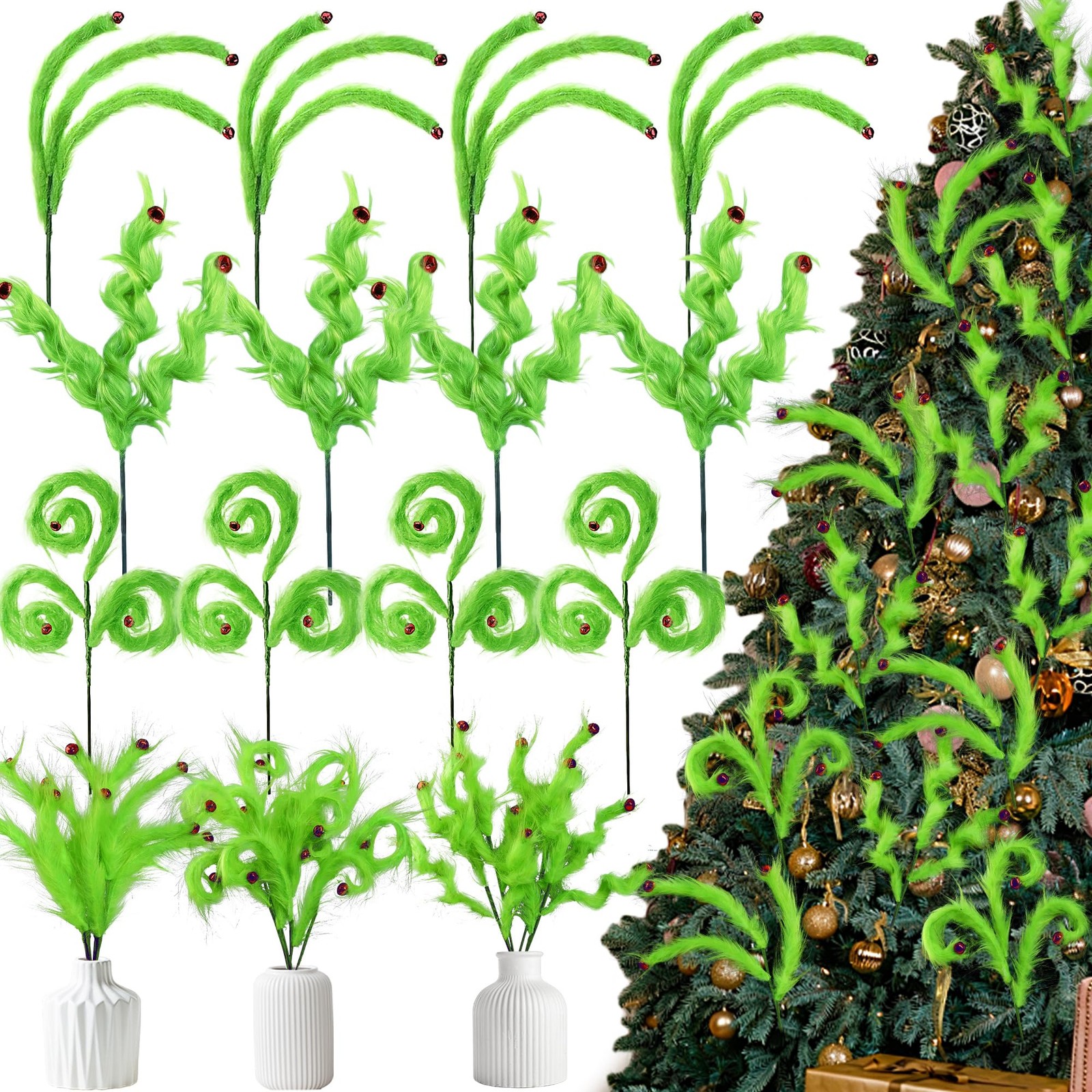 12 Pcs Christmas Tree Topper Lime Green Furry Tree Picks Furry Spiral Curly S…