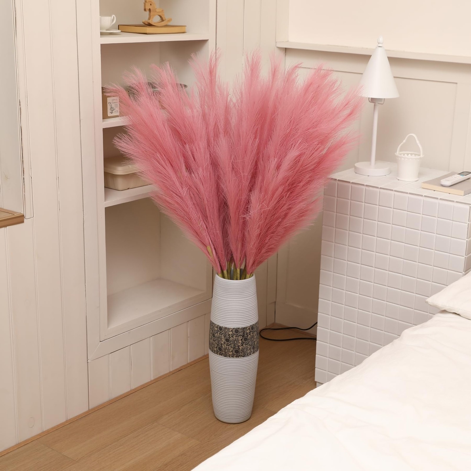 Dark Pink Pampas Grass, 8 Pcs 45 Inch Tall Large Faux Pompous Grass, Long Art…