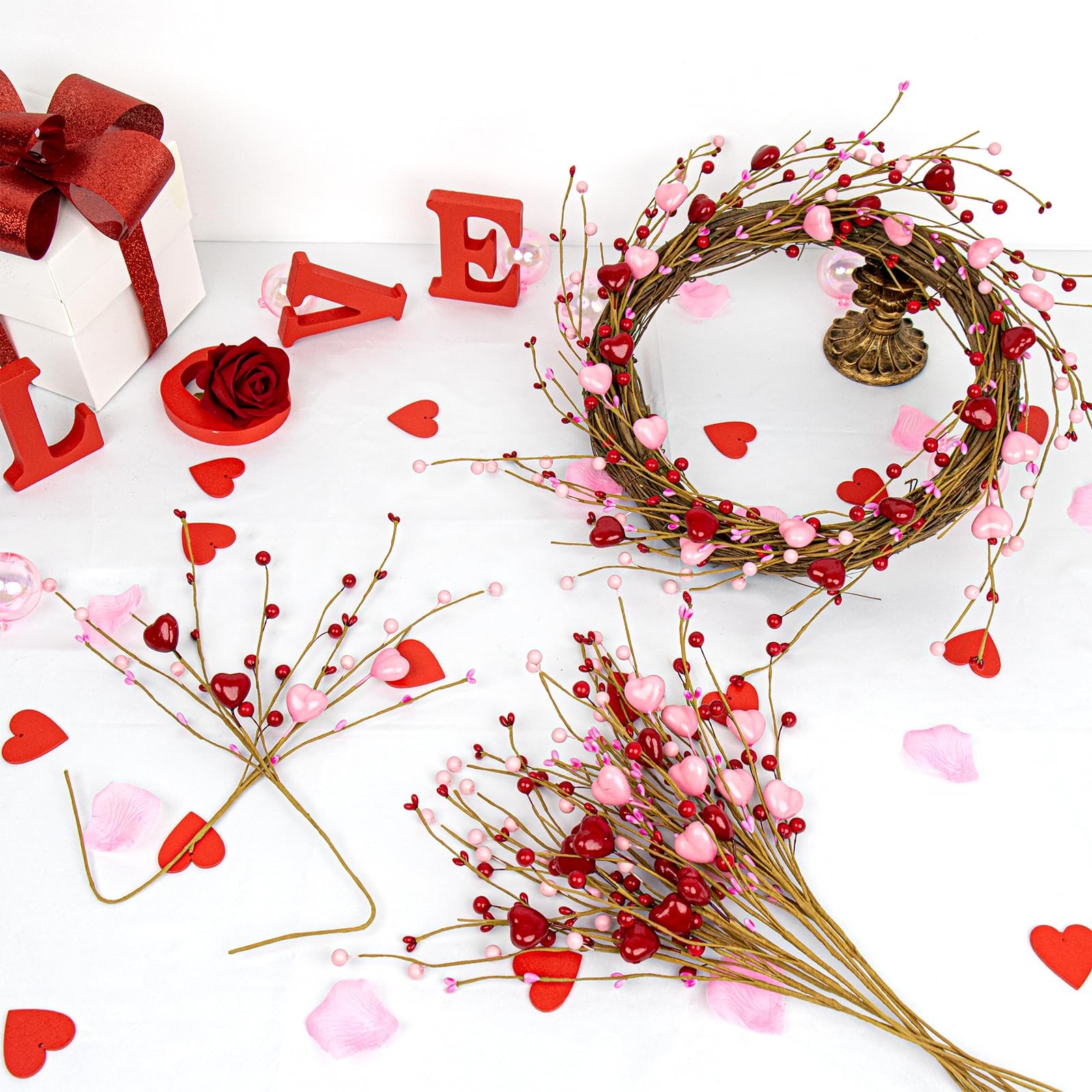 Pink Heart Decorations 24 Pack Red Heart Picks 17 Inch Pink Red Stems for Wed…