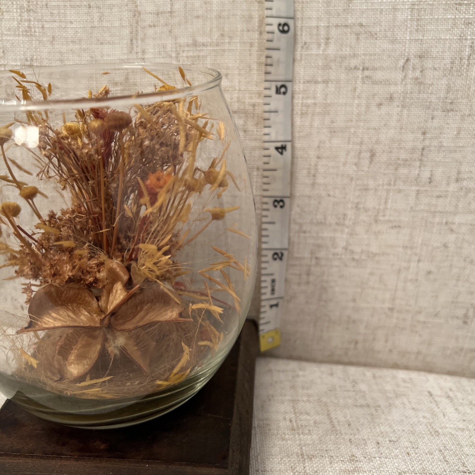Vintage MCM Glass Terrarium With A Wood Base Dried Flowers Inside