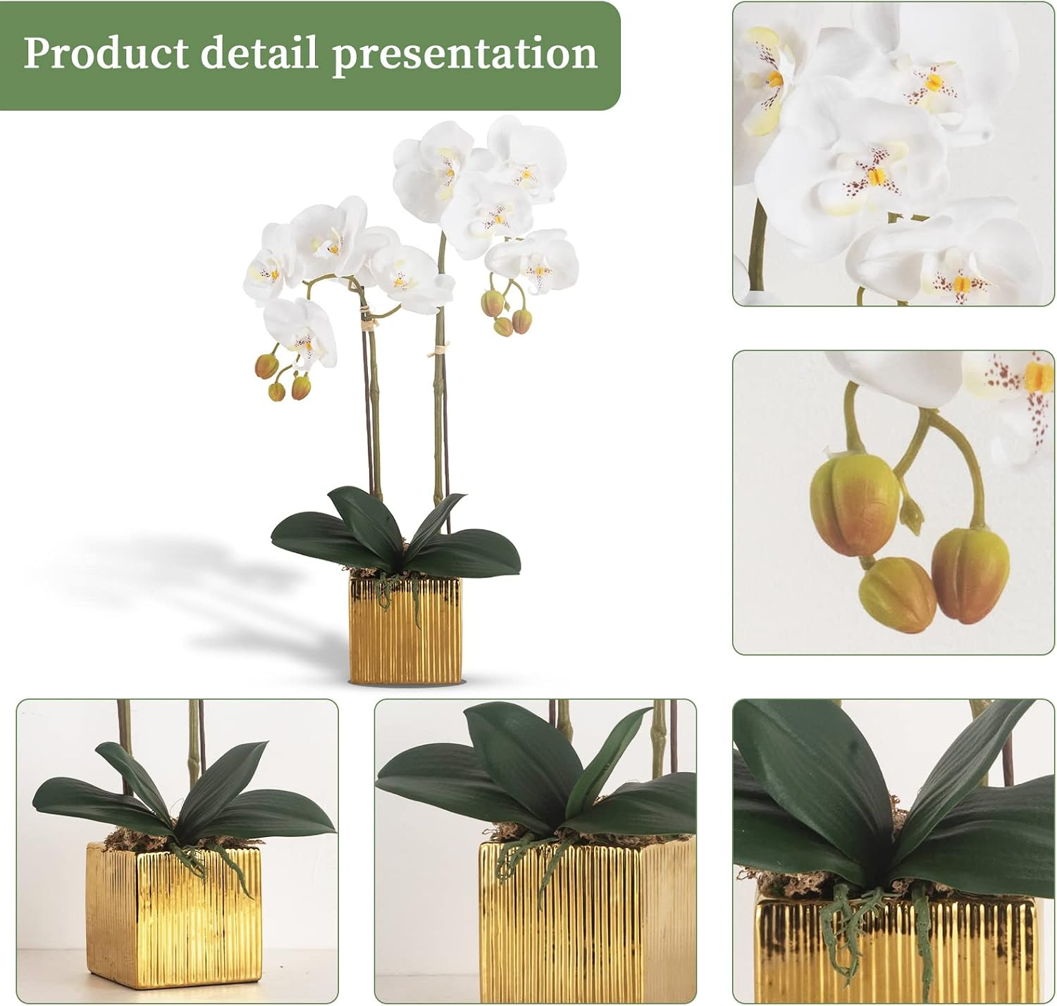 Realistic White Orchid Flowers in Ceramic Pot for Home Decor Centerpiece