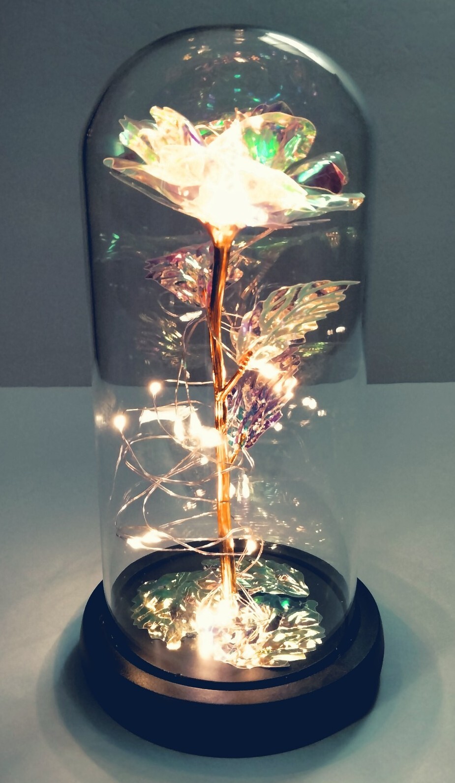 Galaxy Loves Enchanted Rose In Glass With LED Lights 9″Tall 4″Base Great Gift