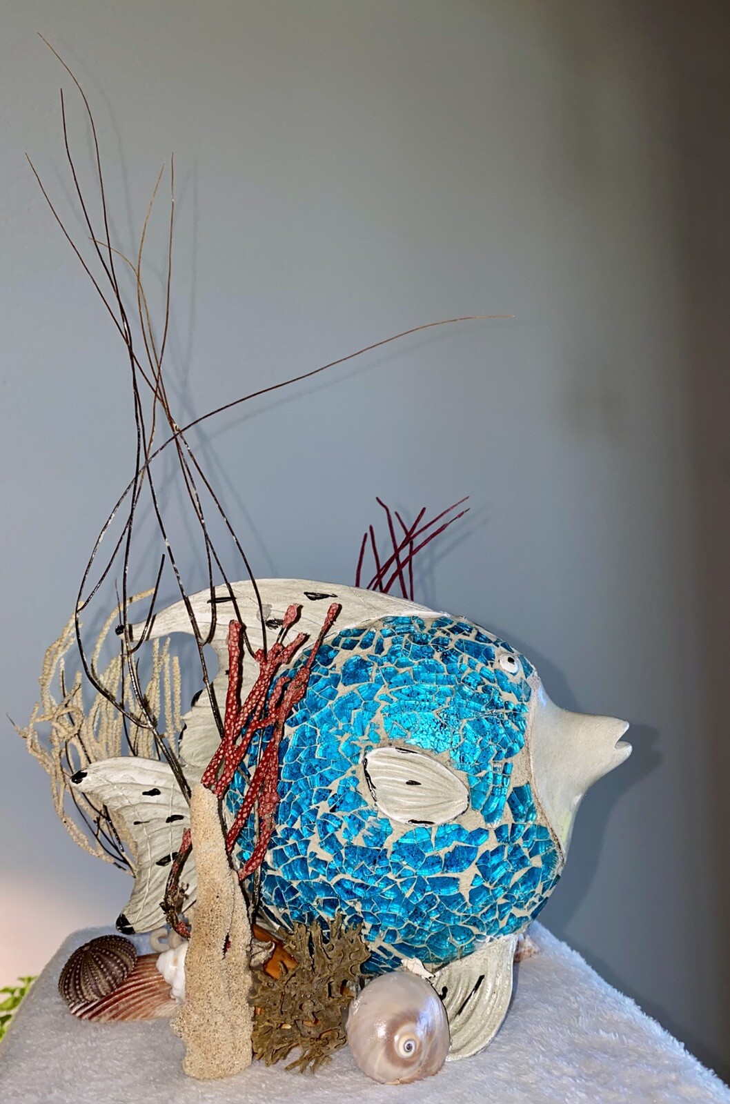 Under The Sea Teal Fish Arrangement, Table Art, Swimming Fish, Seashells