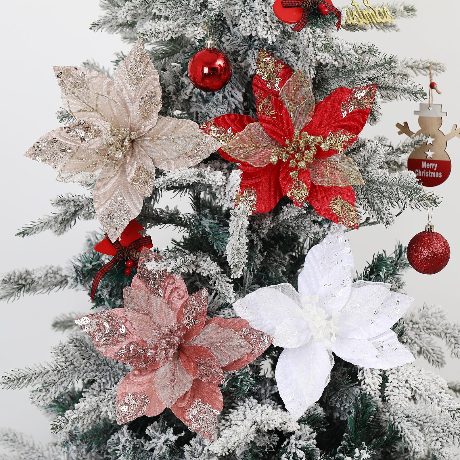 6 PCS 10.7 Inch Pure White Large Velvet Christmas Flowers Artificial Poinsettia