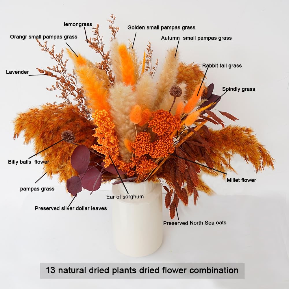 Dried Pampas Grass Bouquet 17″ Orange Sorghum Eucalyptus Wedding Farmhouse