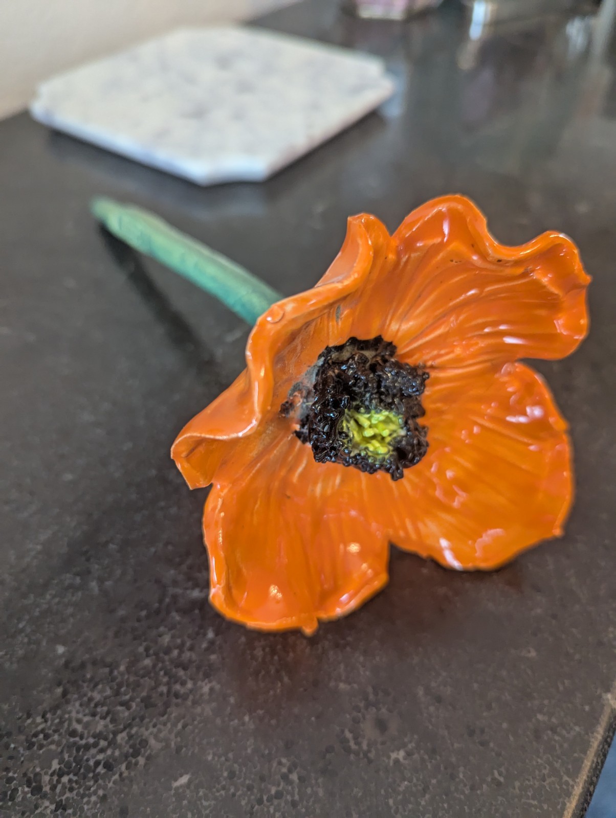 Handmade Orange Ceramic Poppy Flower: Everlasting Floral Arrangement 12″ Stem