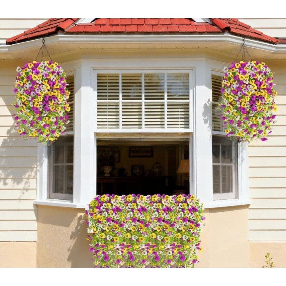 Fabric Artificial Pansy Vine Hanging Basket 45 Eyes Violet 25.59in Wall Hanging