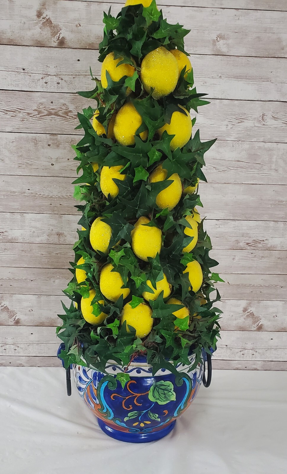 Faux Lemon 23″ Topiary Tree Centerpiece in Beautiful Cobalt Blue & Rust Planter
