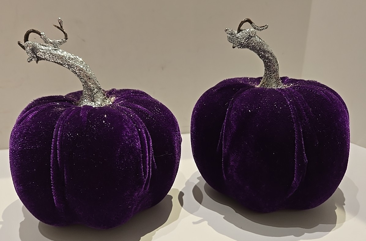 Purple Velvet Pumpkin with glitter stems Lot of 2