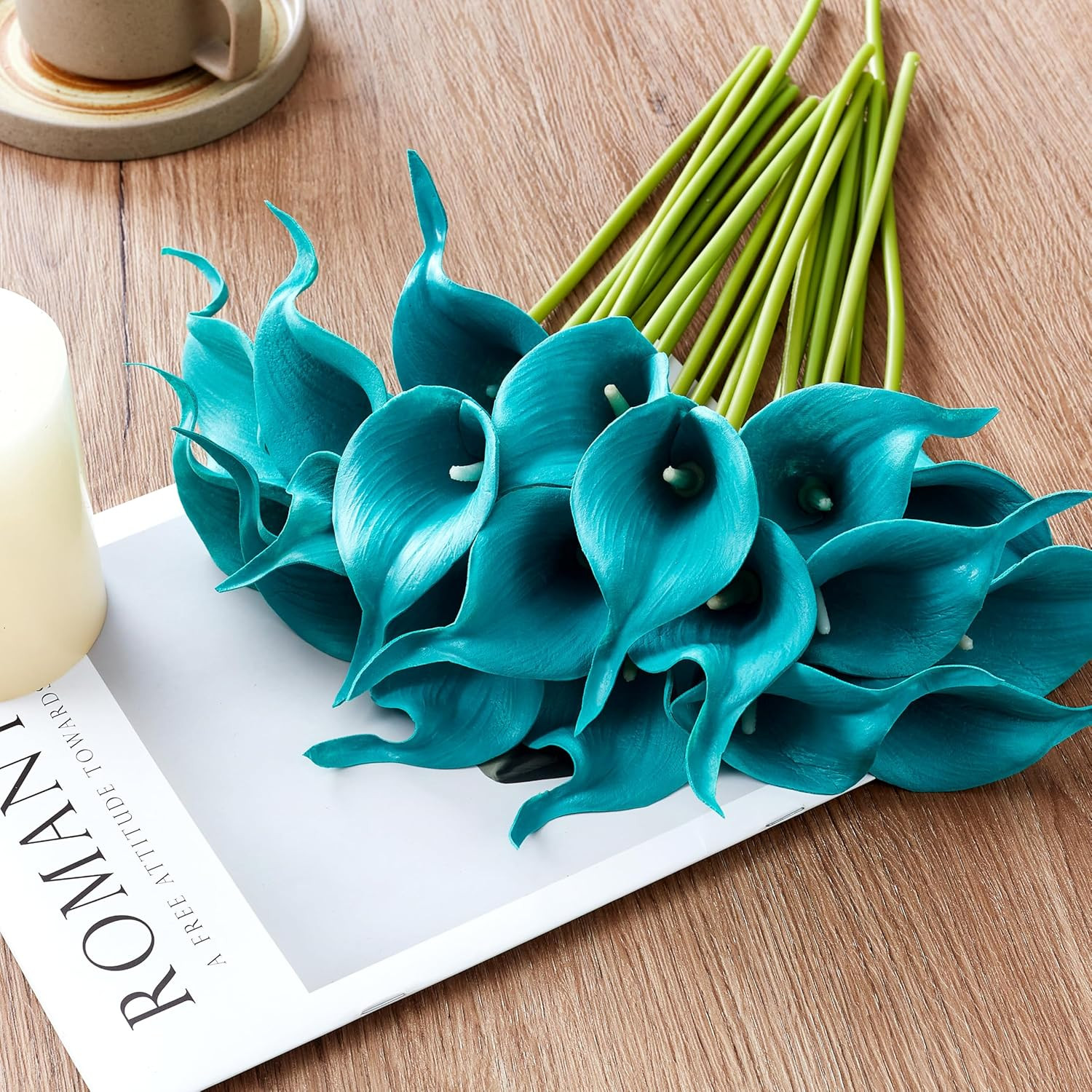 Teal Artificial Calla Lily 12Pcs Blue Real Touch Faux Flowers for Wedding Bouque
