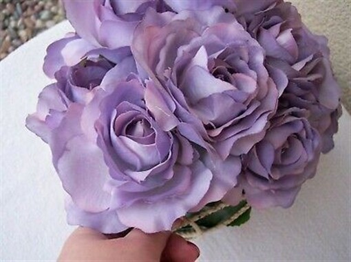 Dozen roses dusky purple lavender silk fabric plant flowers basket shabby chic
