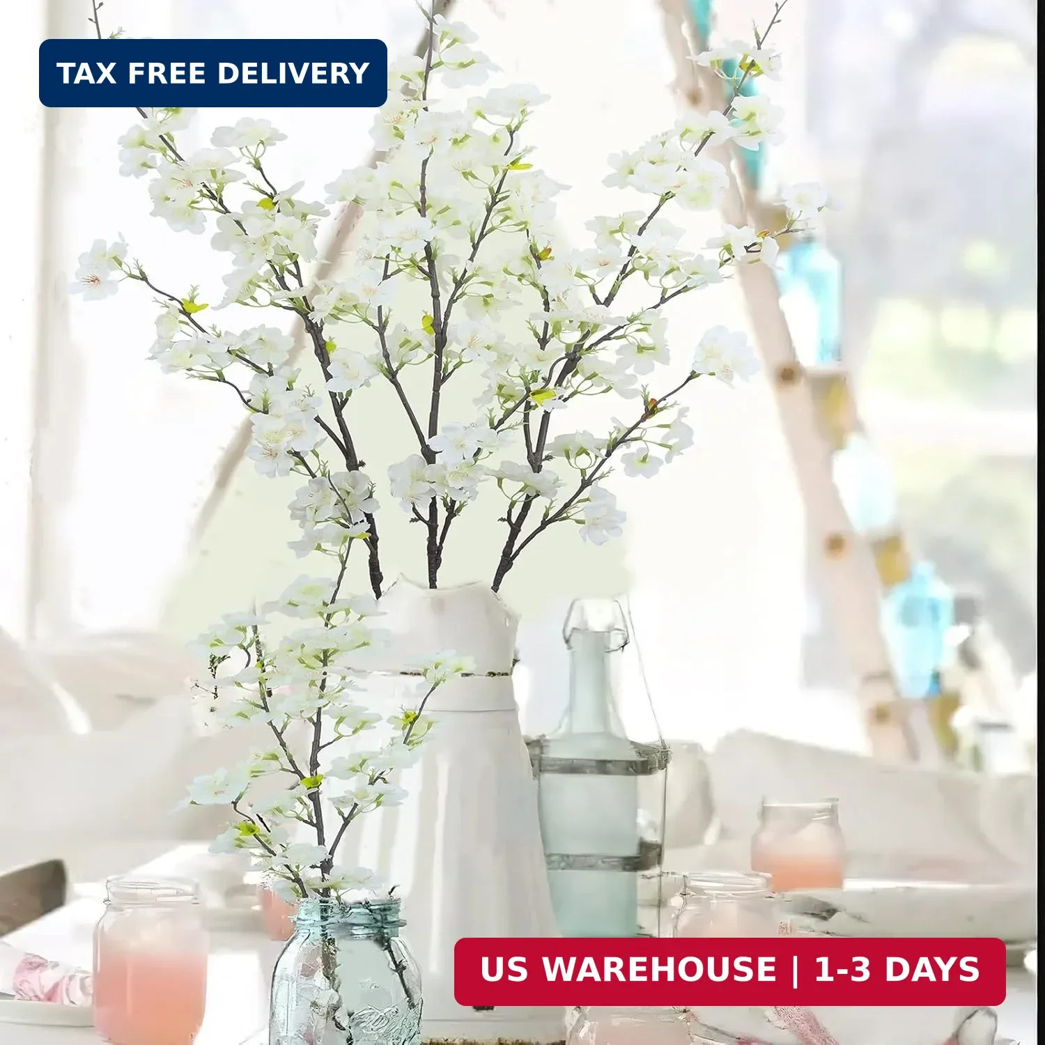CISDUEO 3Pcs Artificial Cherry Blossom Flower White Silk Peach Flowers Bulk Plum