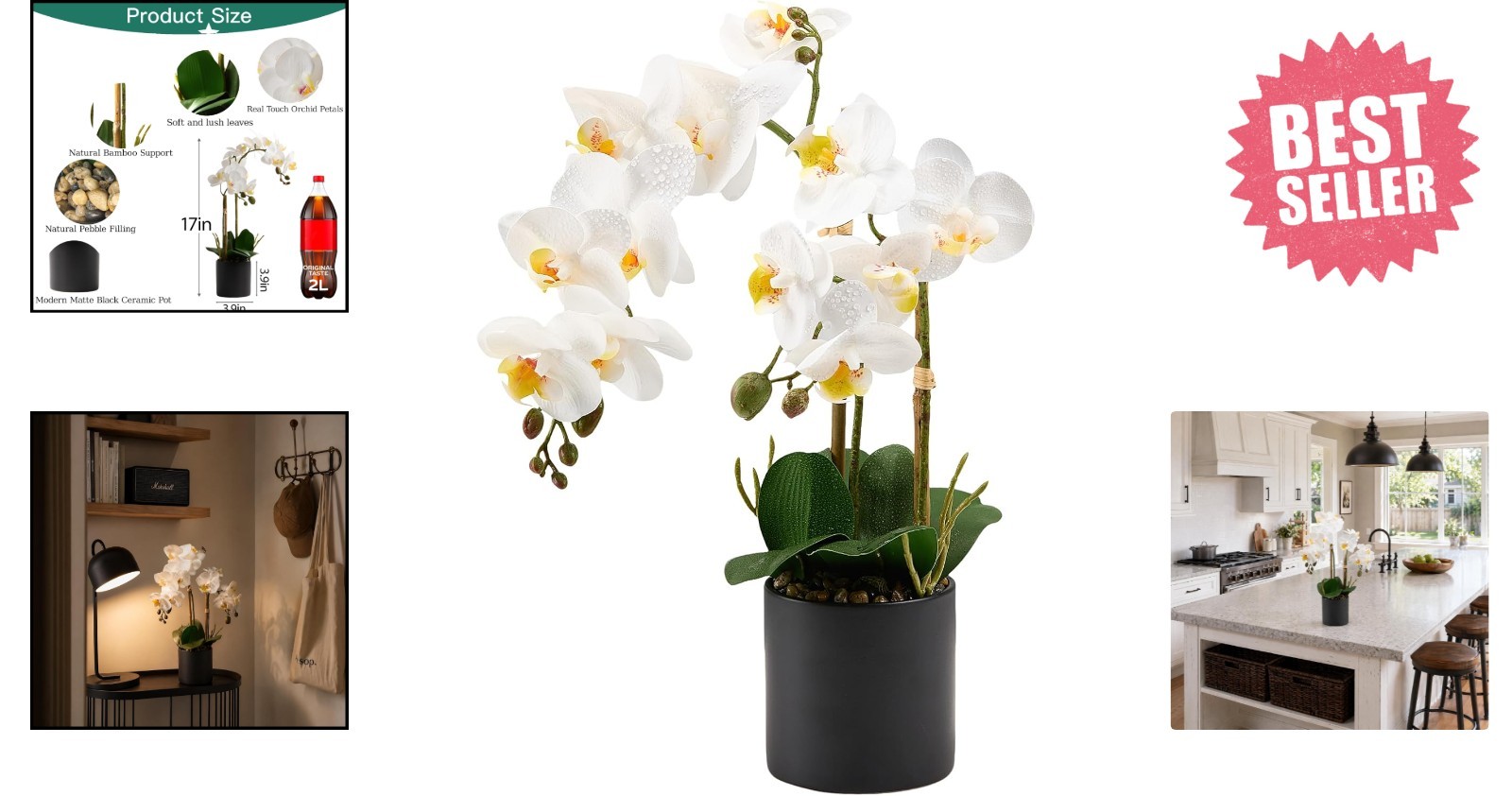 Low-Maintenance 17” Faux Orchid in Modern Black Pot – Perfect Decorative Accent