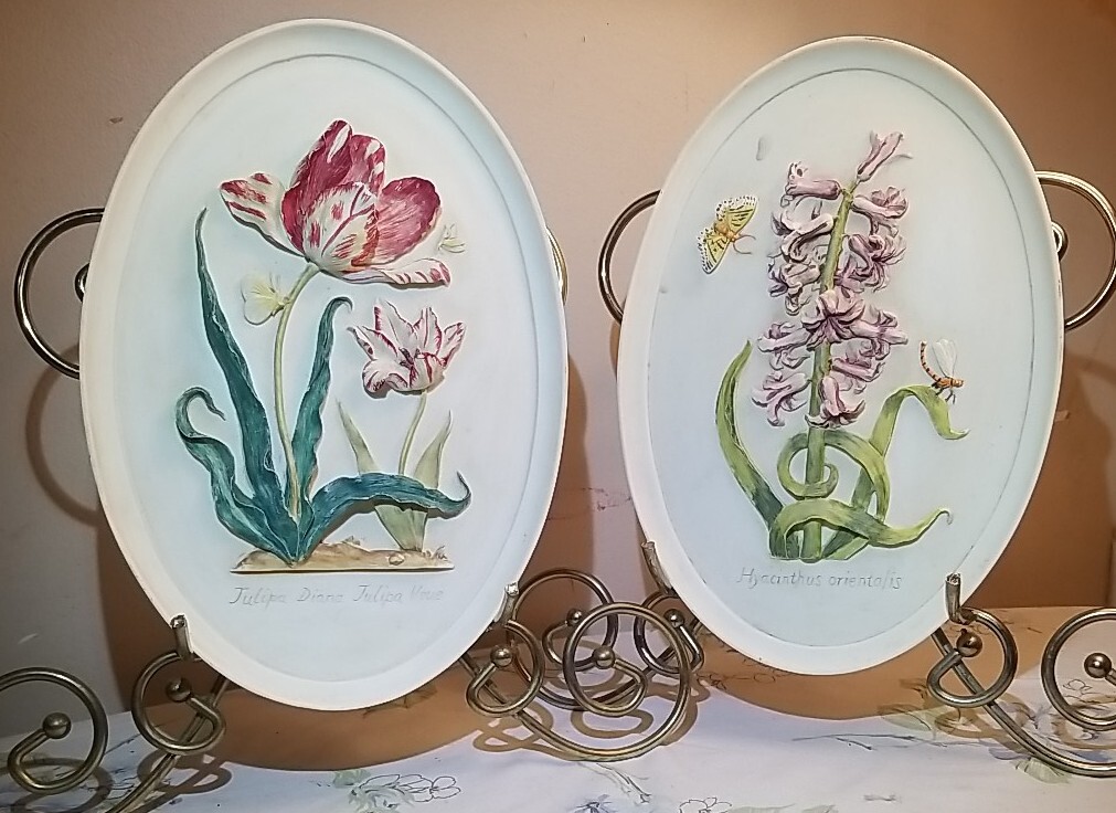 2 VTG Oval Soapstone Raised Floral Wall Plaques-Tulipa Diana,Hycinthus Orientals