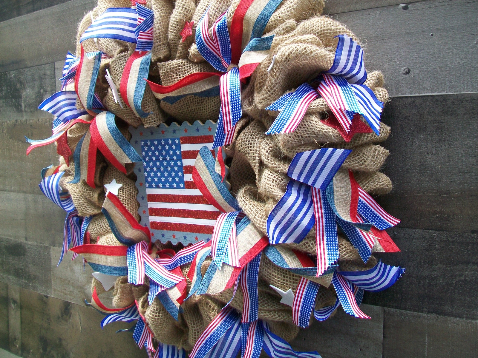 Patriotic Americana 4th of July Memorial Day Burlap Wreath