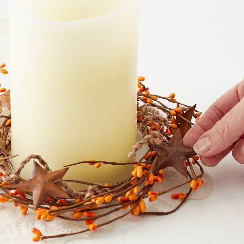 Pack of 4 Orange Pip Berry 7-1/2″ Candle Rings with Rusty Stars