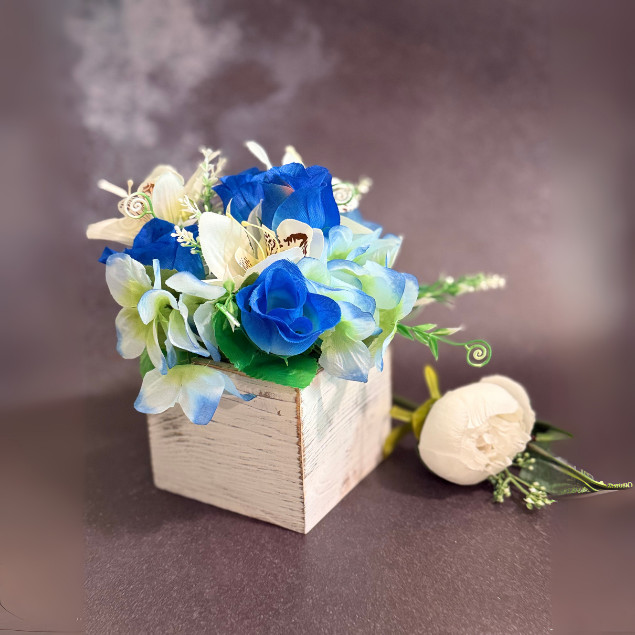 Blue White Rose Floral Centerpiece Wooden Box Faux Flower Arrangement Home Decor