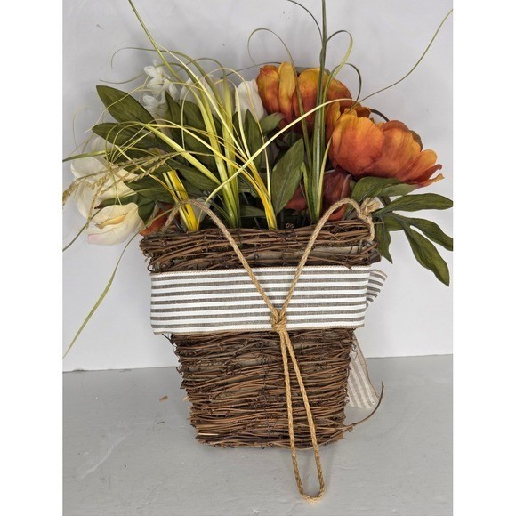 Ashland Fall Peony Floral Wall Hanging Grapevine Straw Basket Farmhouse Country